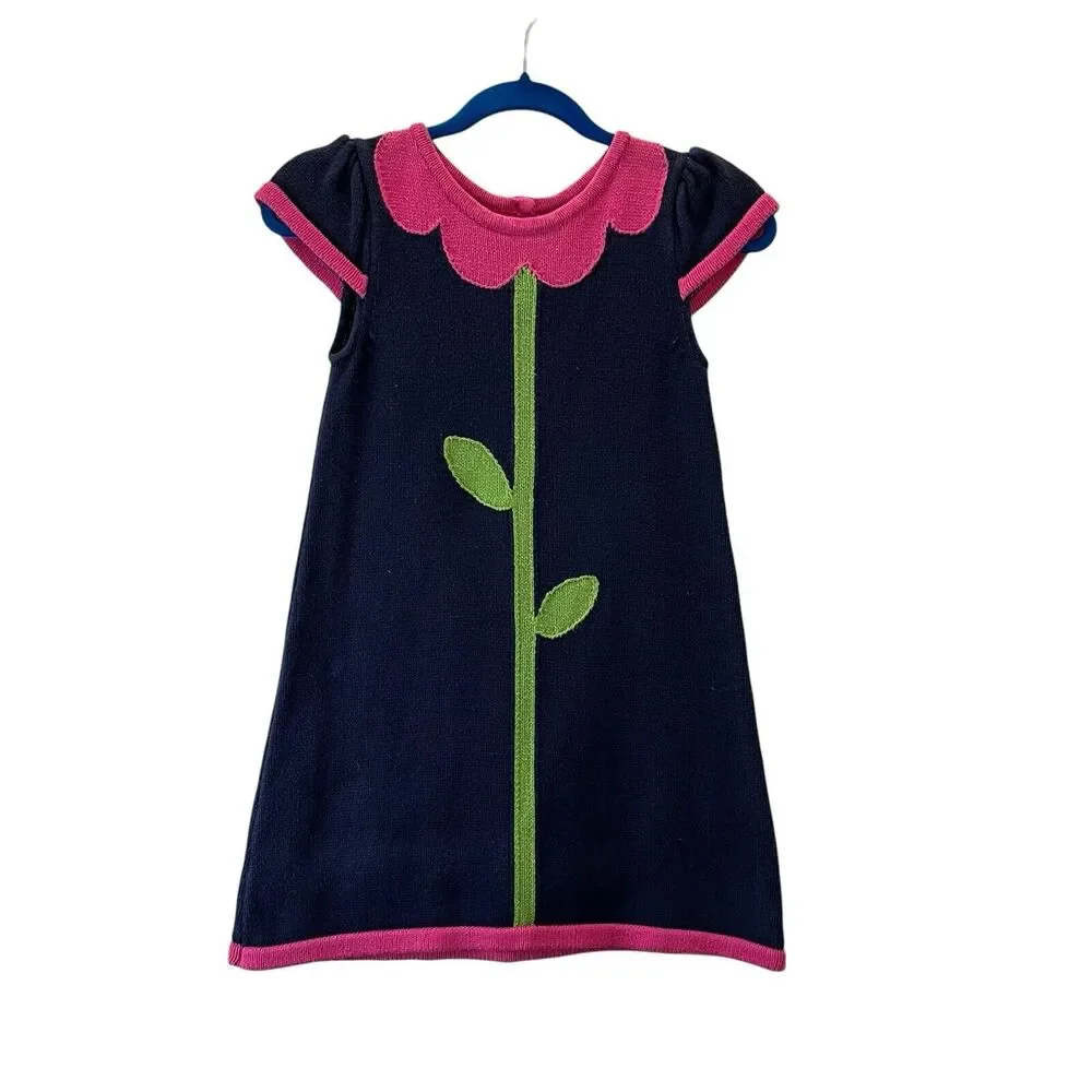 Gymboree Navy Blue Pink Flower Stem Floral Girls Dress Short Sleeve Size 4T